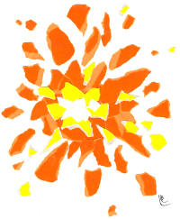 Illustrajonen er gul og oransje - papirbiter som flyr ut i hver sin retning. 